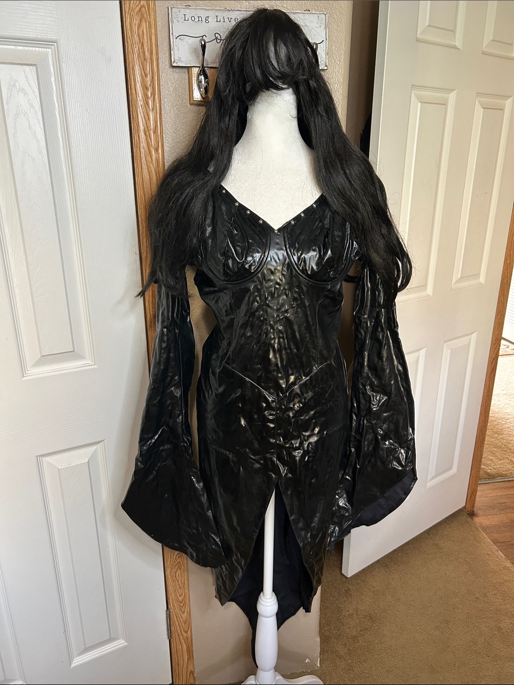 ELVIRA Faux Leather Dress & Wig Costume for Halloween